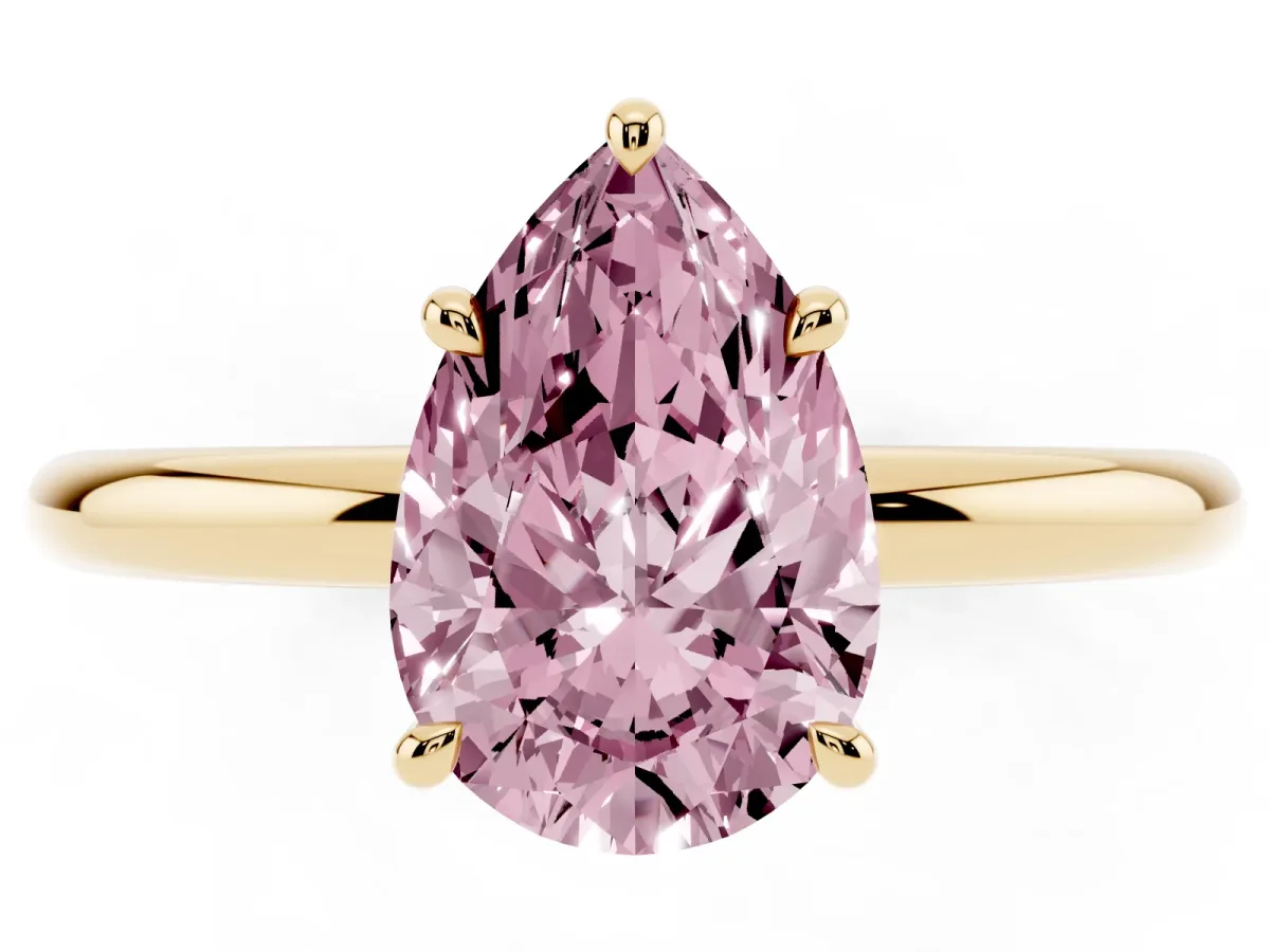 Fancy Pink Pear Cut Diamond Solitaire Ring with Thin Band and Four-Prong Setting Yellow gold