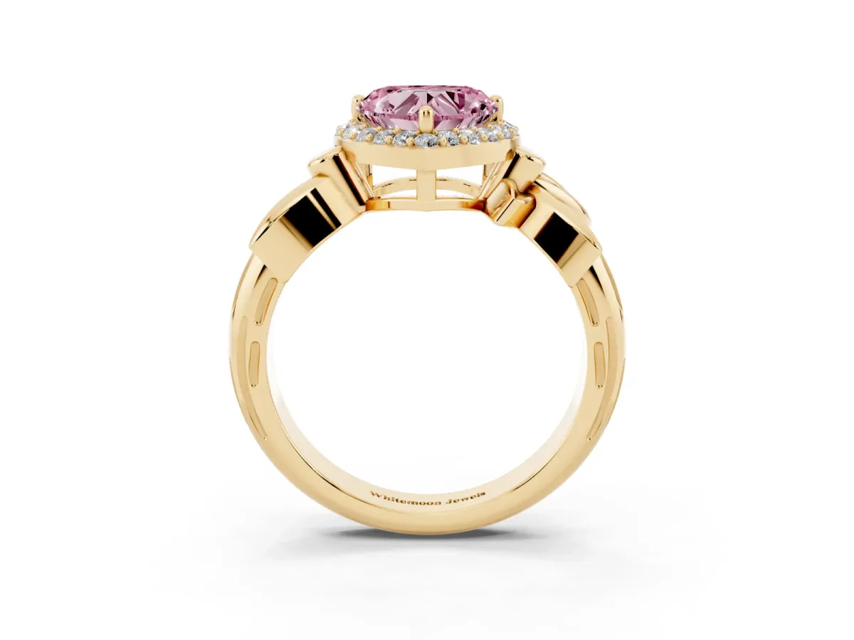 Fancy Pink Heart Cut Halo Diamond Floral Band with Four-Prong Setting Yellow gold
