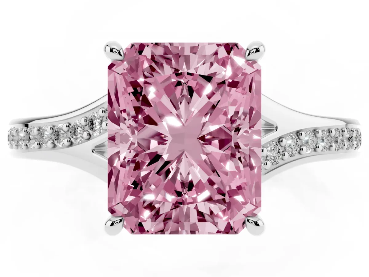 Fancy Pink Radiant Cut Diamond Solitaire Ring with Pavé Band and Prong Setting Silver