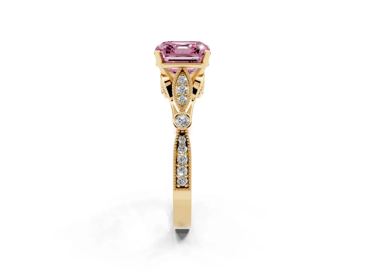 Fancy Pink Asscher Cut Cut Diamond with Milgrain Marquise and Bezel Accents on a Solitaire Band with Prong Setting Yellow gold
