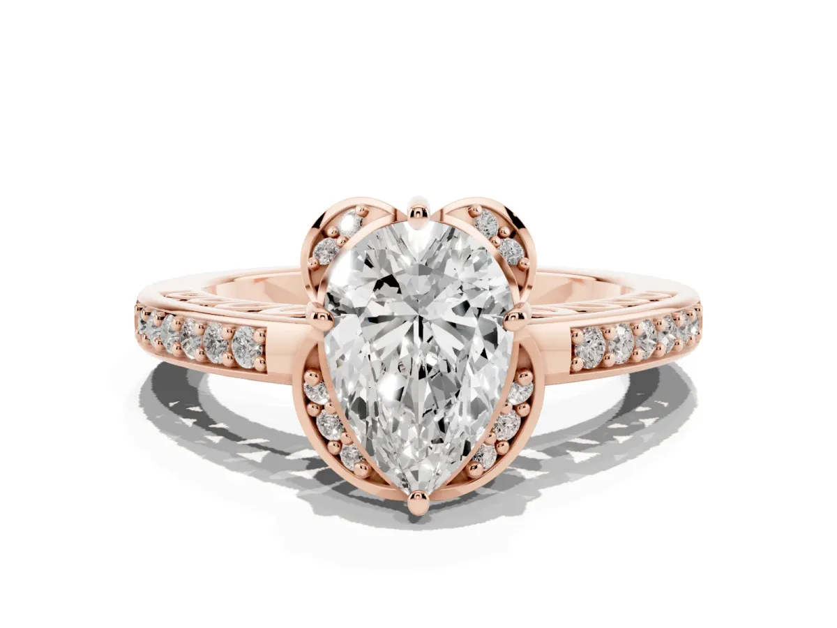 Pear Cut Cut Halo Diamond Ring with Channel Set Band and Four-Prong Setting Rose gold