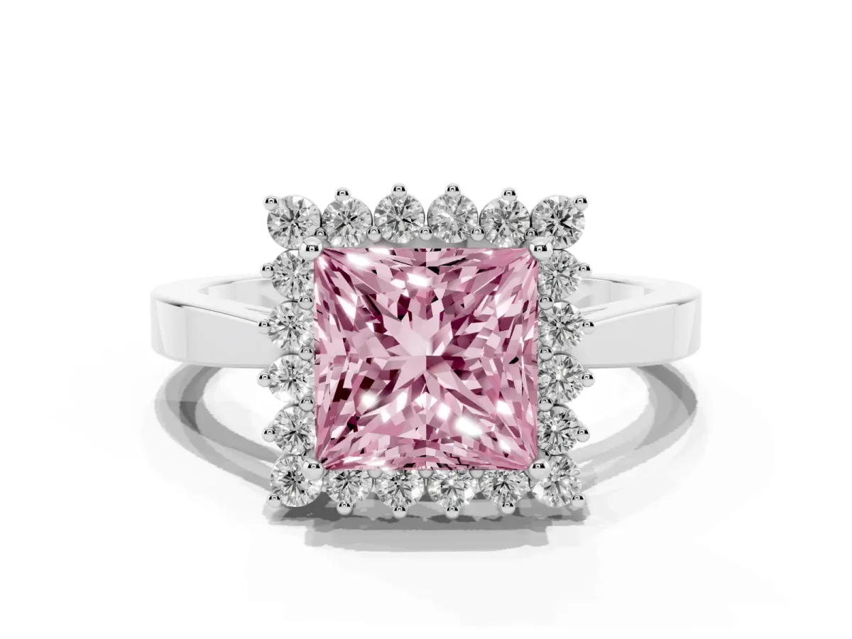 Fancy Pink Princess Cut Cut Diamond Halo Ring with Round Brilliant Halo and Solitaire Band Platinum