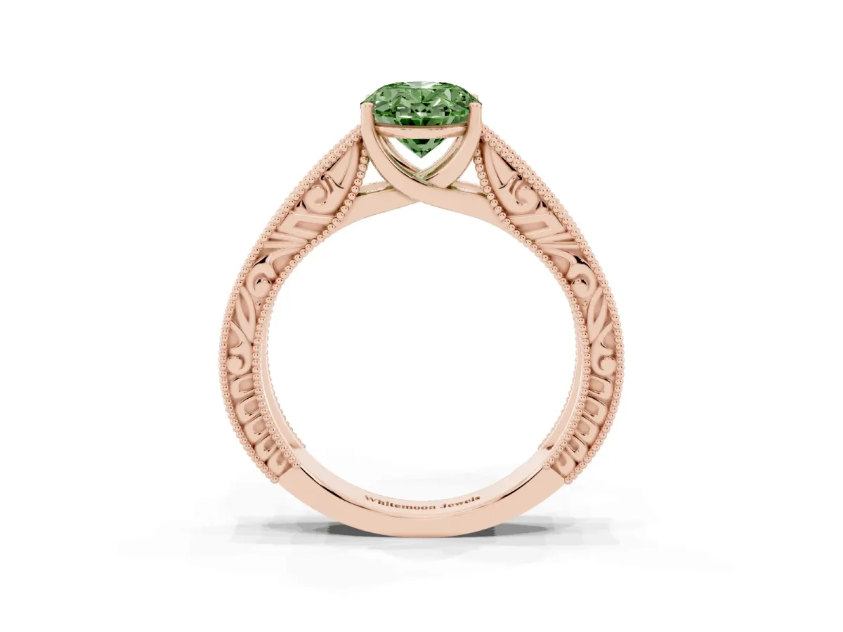 Fancy Green Oval Cut Diamond Solitaire Ring with Engraved Band and Four-Prong Setting Rose gold