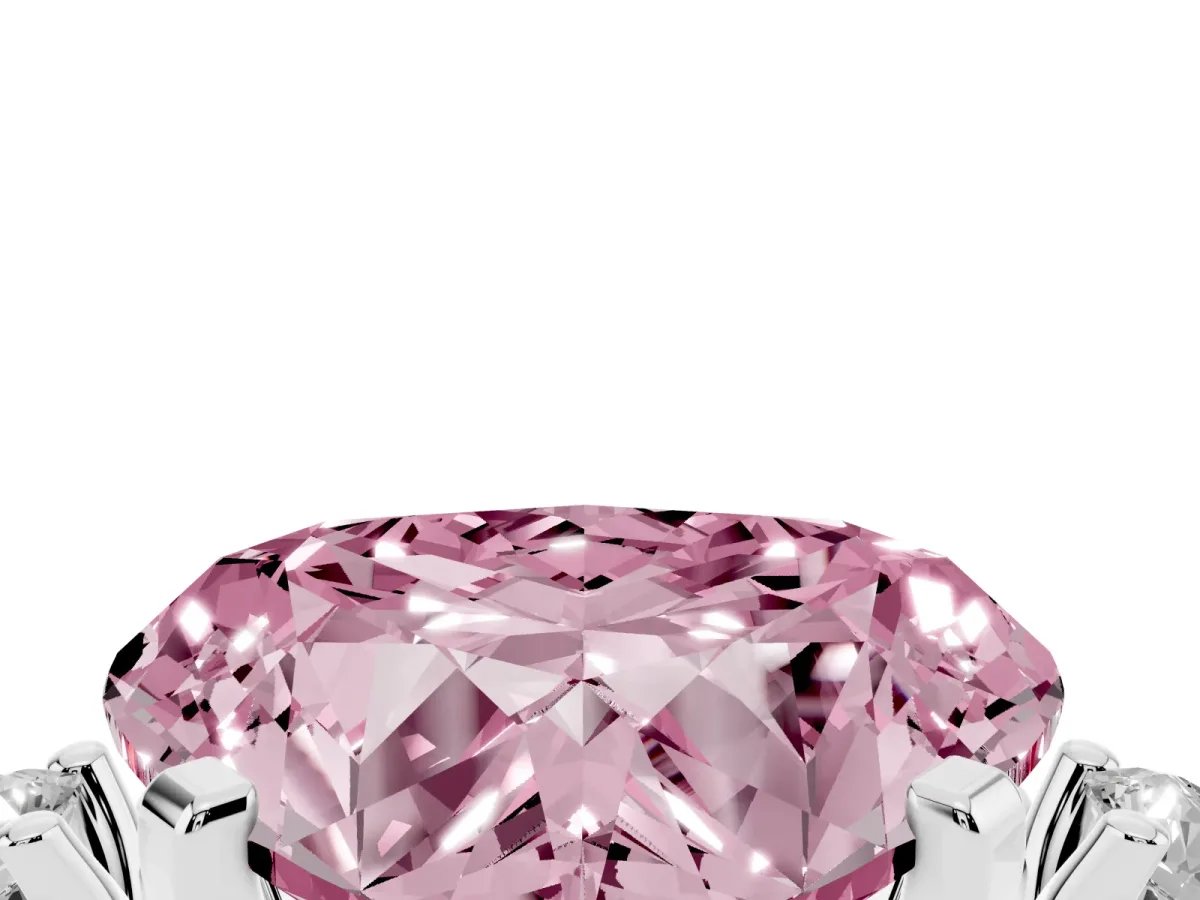 Fancy Pink Heart Cut Cut Three-Stone Solitaire Ring with Round Accent Diamonds and Four-Prong Setting Silver