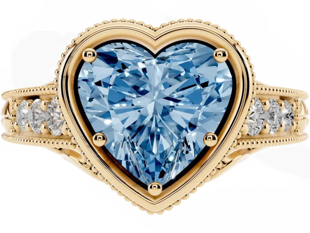 Fancy Blue Bezel Set Heart Cut Diamond Milgrain Pave Engagement Ring Yellow gold