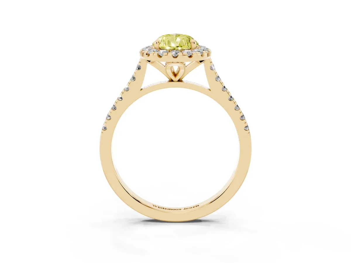 Fancy Yellow Pear Cut Diamond Cushion Halo Ring with Pavé Band Yellow gold