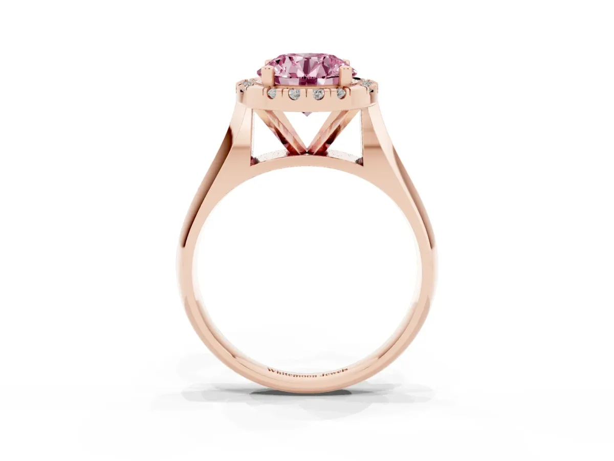 Fancy Pink Round Cut Cut Halo Solitaire Engagement Ring with Square Band and Four-Prong Setting Rose gold