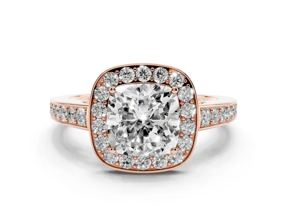 Cushion Cut Halo Pavé Diamond Engagement Ring with Bezel Setting Rose gold