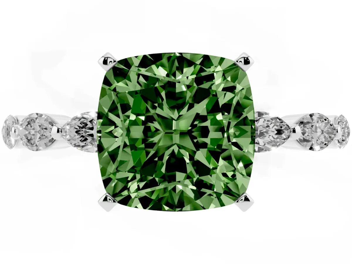 Fancy Green Cushion Cut Diamond Ring with Marquise Side Stones and Prong Setting Platinum
