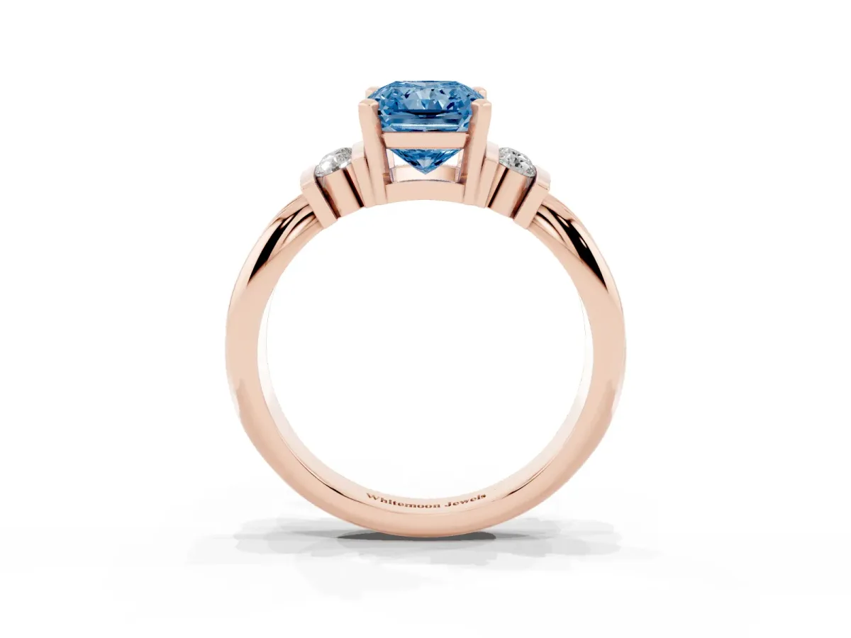 Fancy Blue Radiant Cut Cut Three-Stone Channel Set Ring with Bar Prongs Rose gold