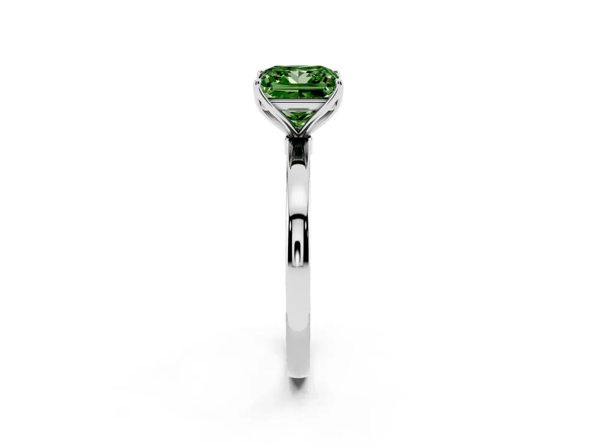 Fancy Green Princess Cut Diamond Solitaire Ring with Thin Band and Prong Setting Silver