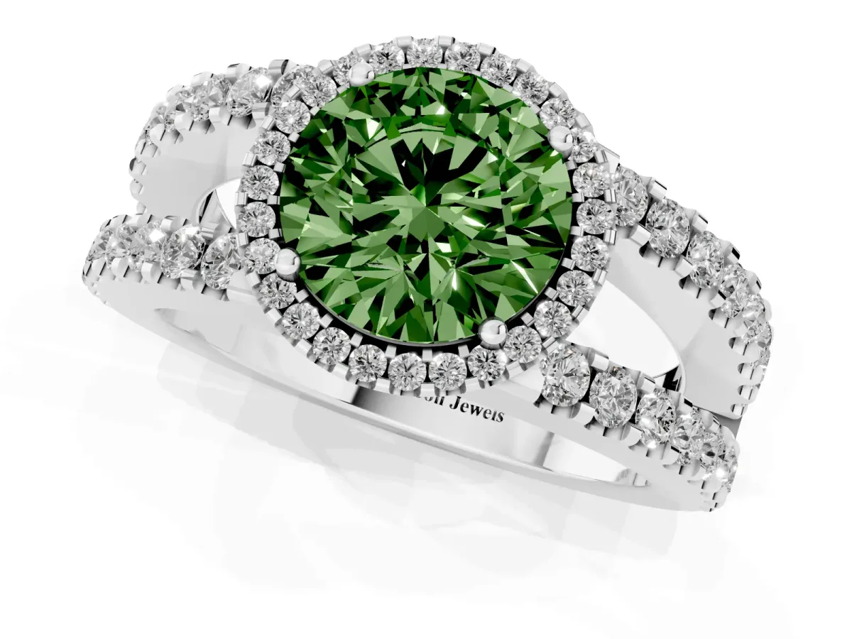 Fancy Green Round Cut Cut Halo Split Shank Diamond Ring with Four-Prong Setting Platinum