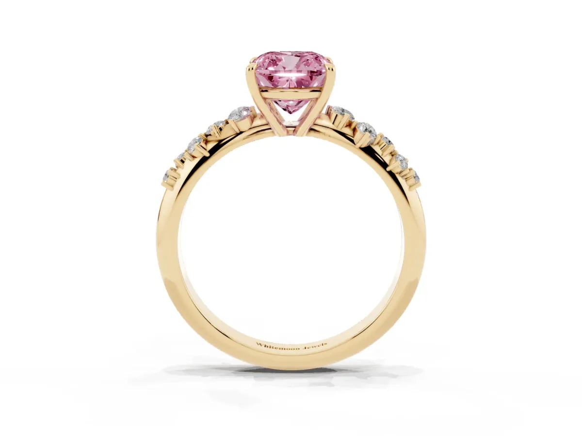 Fancy Pink Cushion Cut Diamond Cluster Side Stone Solitaire Ring with Prong Setting Yellow gold