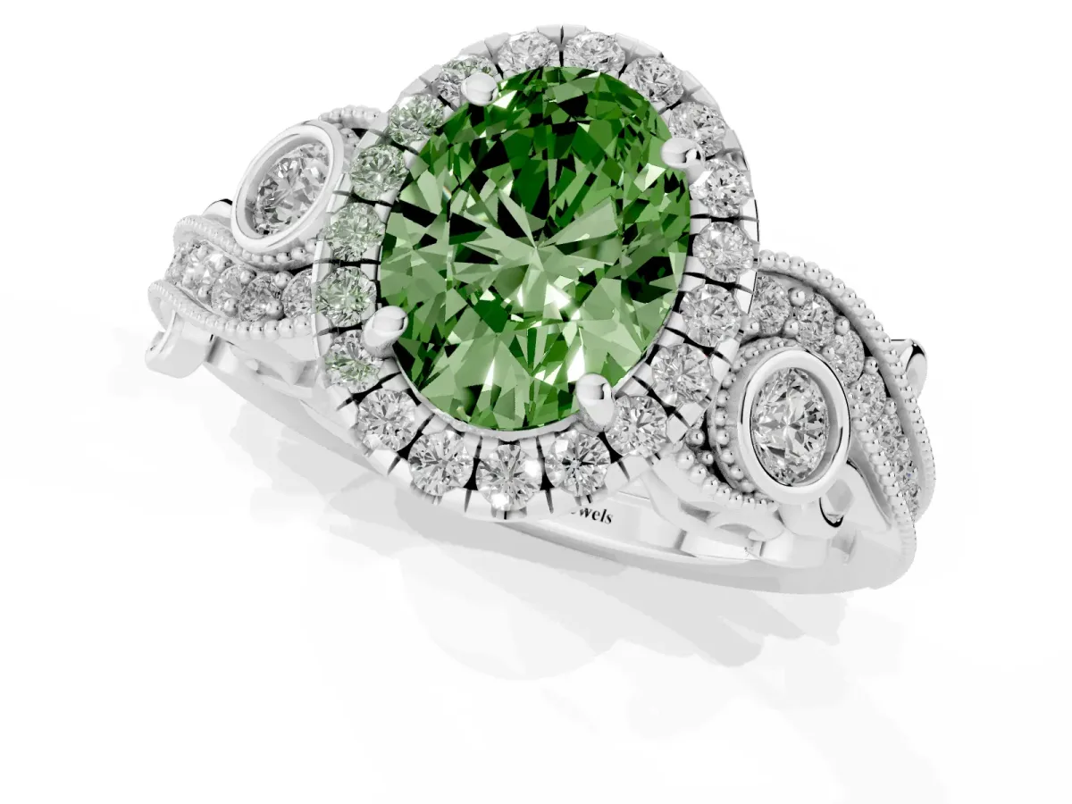 Fancy Green Oval Cut Halo Diamond Ring with Milgrain and Bezel Accents on a Split Shank Band White gold