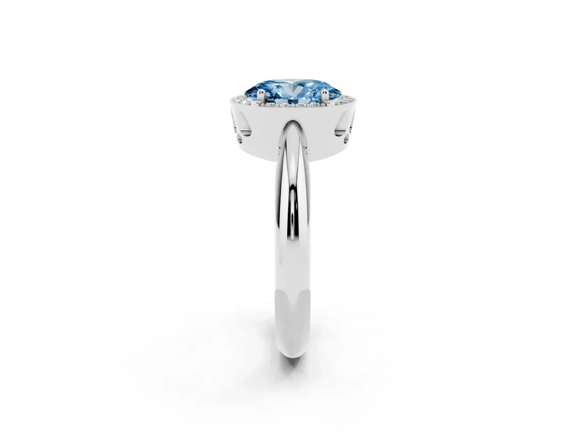 Fancy Blue Oval Cut Cut Diamond Halo Engagement Ring with Split Shank and Four-Prong Setting Silver