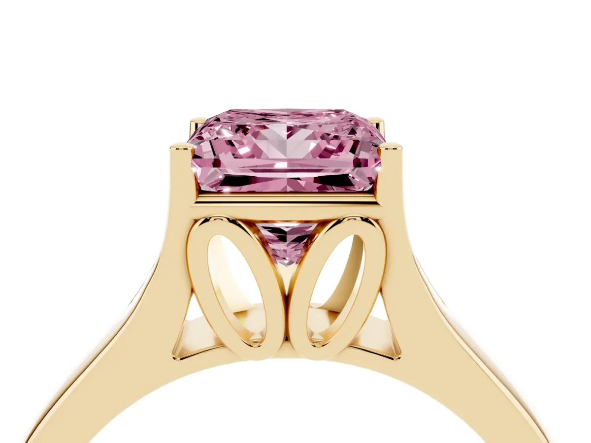 Fancy Pink Princess Cut Solitaire Diamond Ring with Cathedral Band and Four-Prong Setting Yellow gold