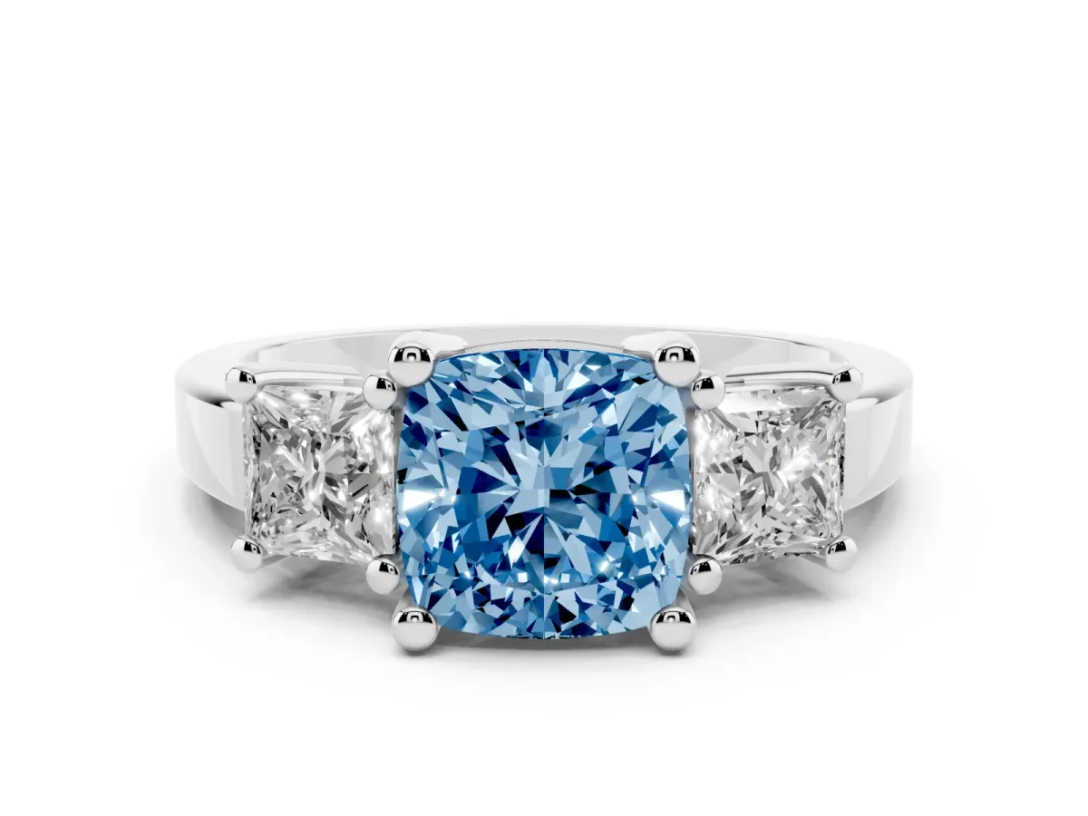 Fancy Blue Three-Stone Cushion Cut Cut Solitaire Ring with Prong Setting Platinum
