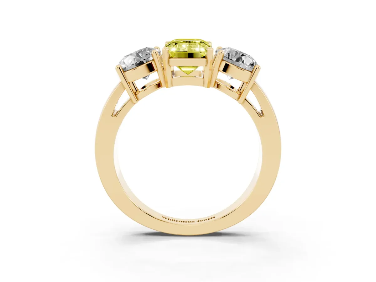 Fancy Yellow Three-Stone Emerald Cut Diamond Ring with Round Side Stones, Classic Band, and Four-Prong Setting Yellow gold