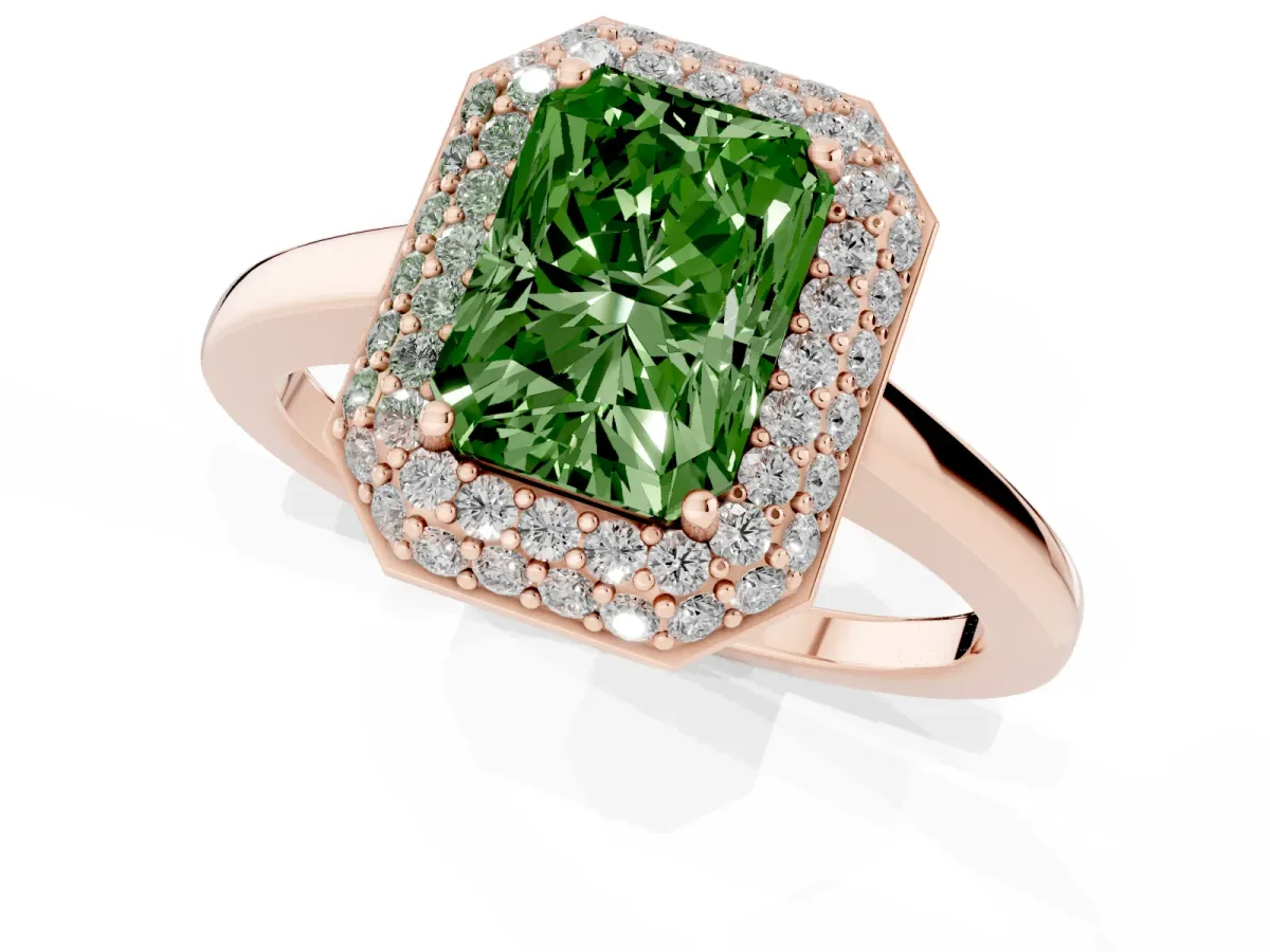 Fancy Green Radiant Cut Halo Diamond Engagement Ring with Solitaire Band and Four-Prong Setting Rose gold
