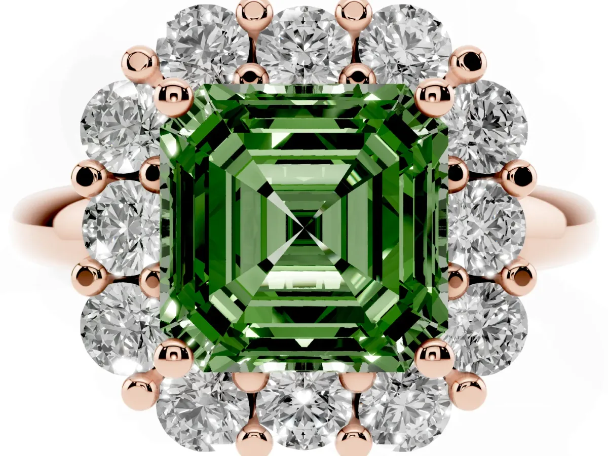Fancy Green Asscher Cut Halo Cluster Diamond Engagement Ring with Prong Setting and Polished Band Rose gold