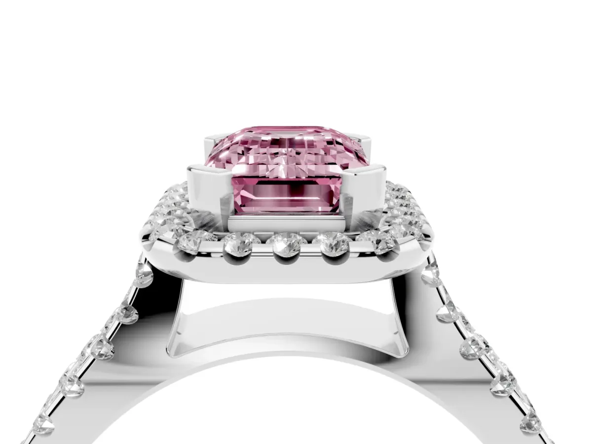 Fancy Pink Emerald Cut Diamond Halo Ring with Split Shank Pavé Band and Prong Setting Silver