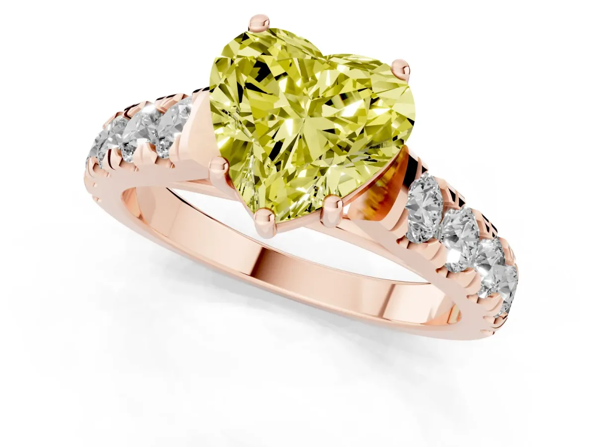 Fancy Yellow Heart Cut Cut Diamond Solitaire Ring with Micro Pave Band and Prong Setting Rose gold