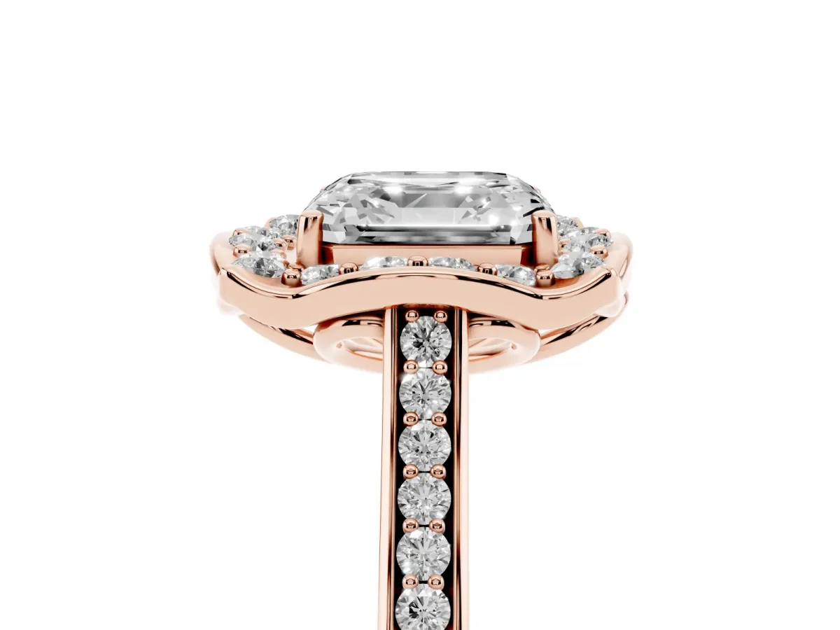 Asscher Cut Halo Round Diamond Pave Band with Four-Prong Setting Rose gold