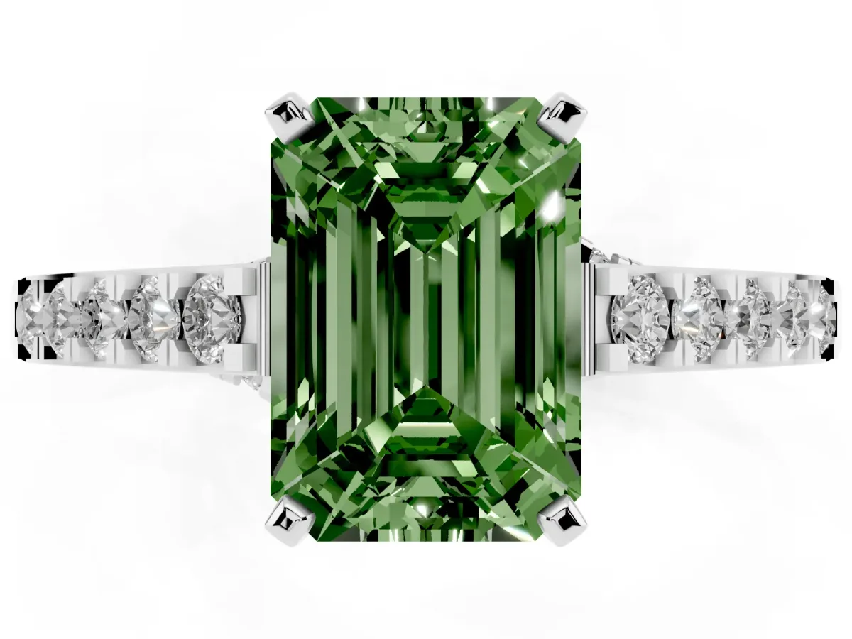 Fancy Green Emerald Cut Diamond Solitaire Ring with Crossover Gallery and Round Pavé Band Silver