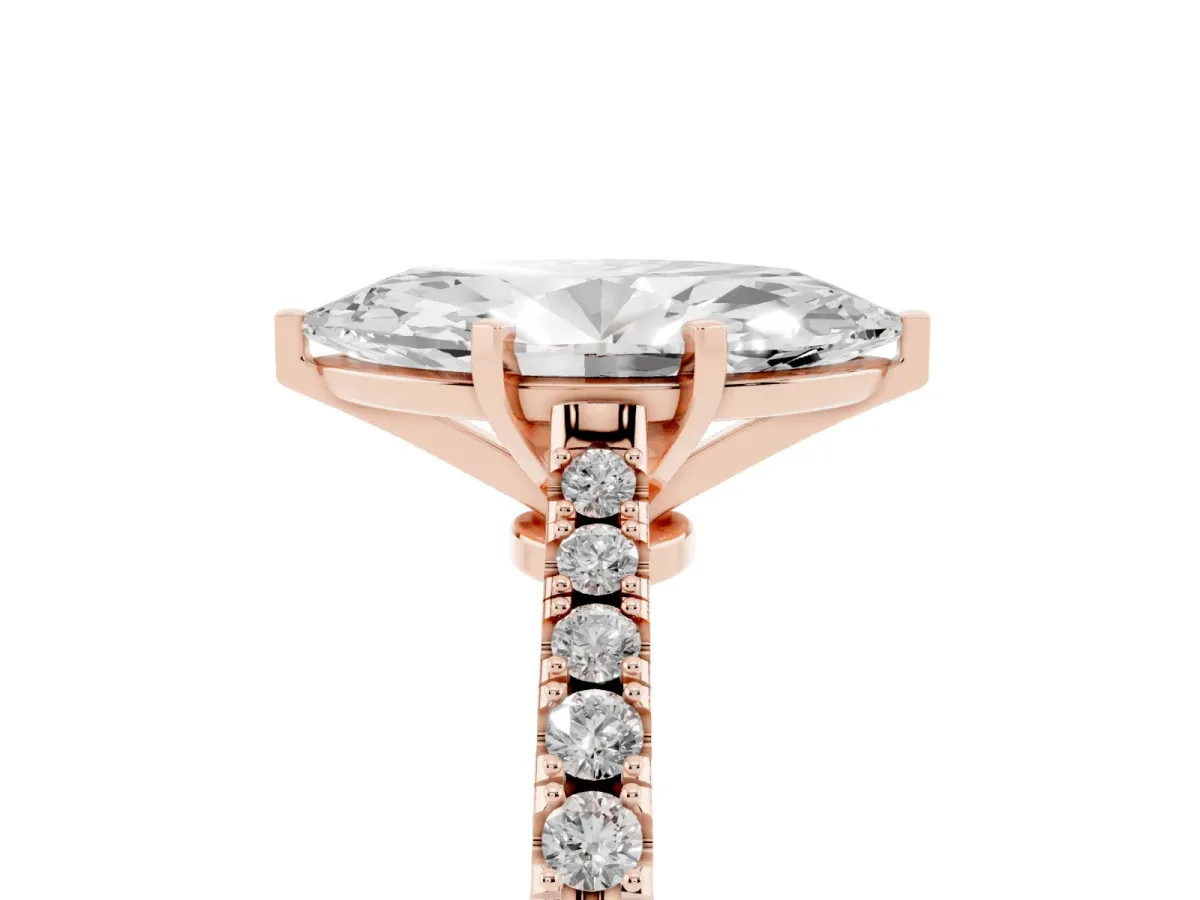 Marquise Cut Cut Solitaire Diamond Engagement Ring with Pave Band and Four-Prong Setting Rose gold