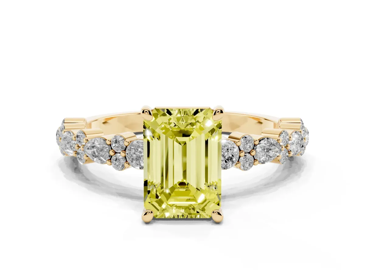 Fancy Yellow Emerald Cut Diamond Side Stone Solitaire Ring with Round and Four-Prong Setting Yellow gold