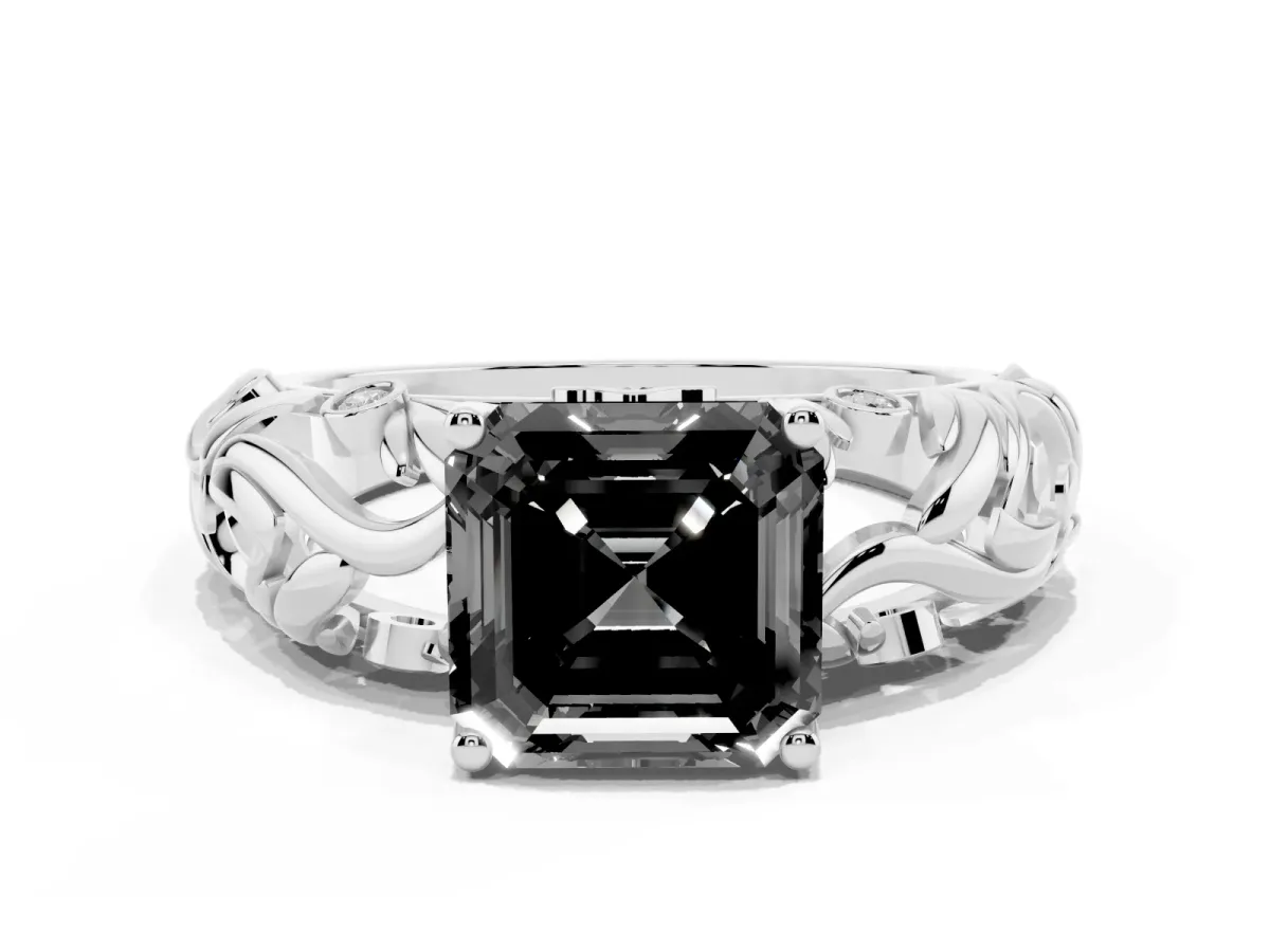 Fancy Black Asscher Cut Solitaire Diamond Leaf-Inspired Vine Band Ring with Prong Setting Silver
