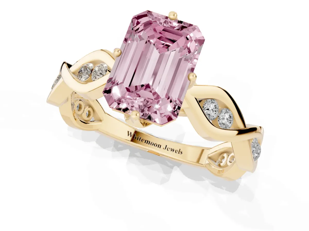 Fancy Pink Emerald Cut Solitaire Twist Band with Leaf Prong Setting Yellow gold