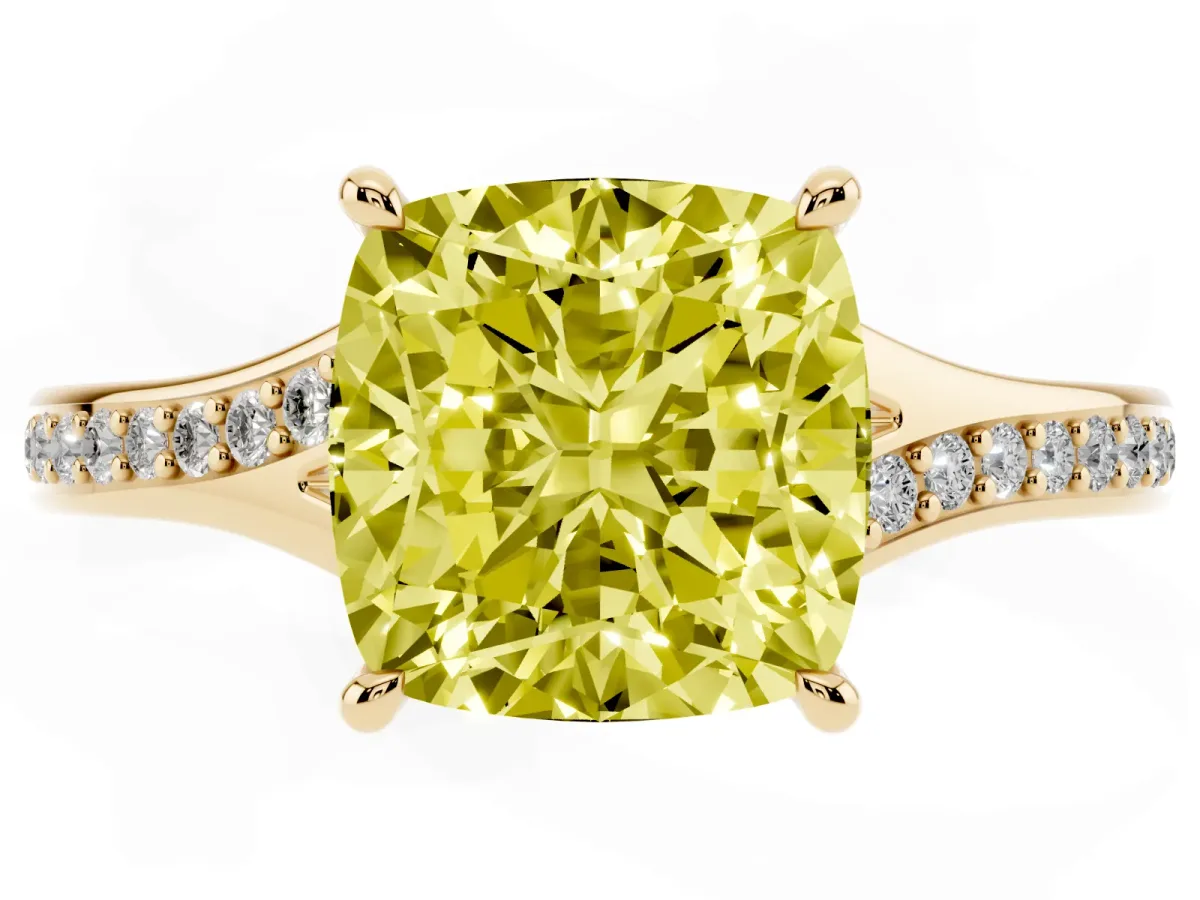 Fancy Yellow Cushion Cut Diamond Solitaire Ring with Pavé Band and Prong Setting Yellow gold