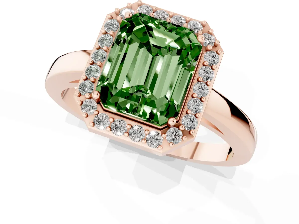 Fancy Green Radiant Cut Halo Diamond Ring with Solitaire Band and Prong Setting Rose gold