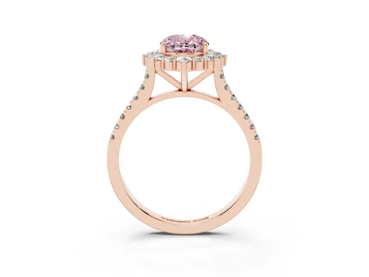 Fancy Pink Oval Cut Halo Diamond Ring with Pavé Band and Prong Setting Rose gold