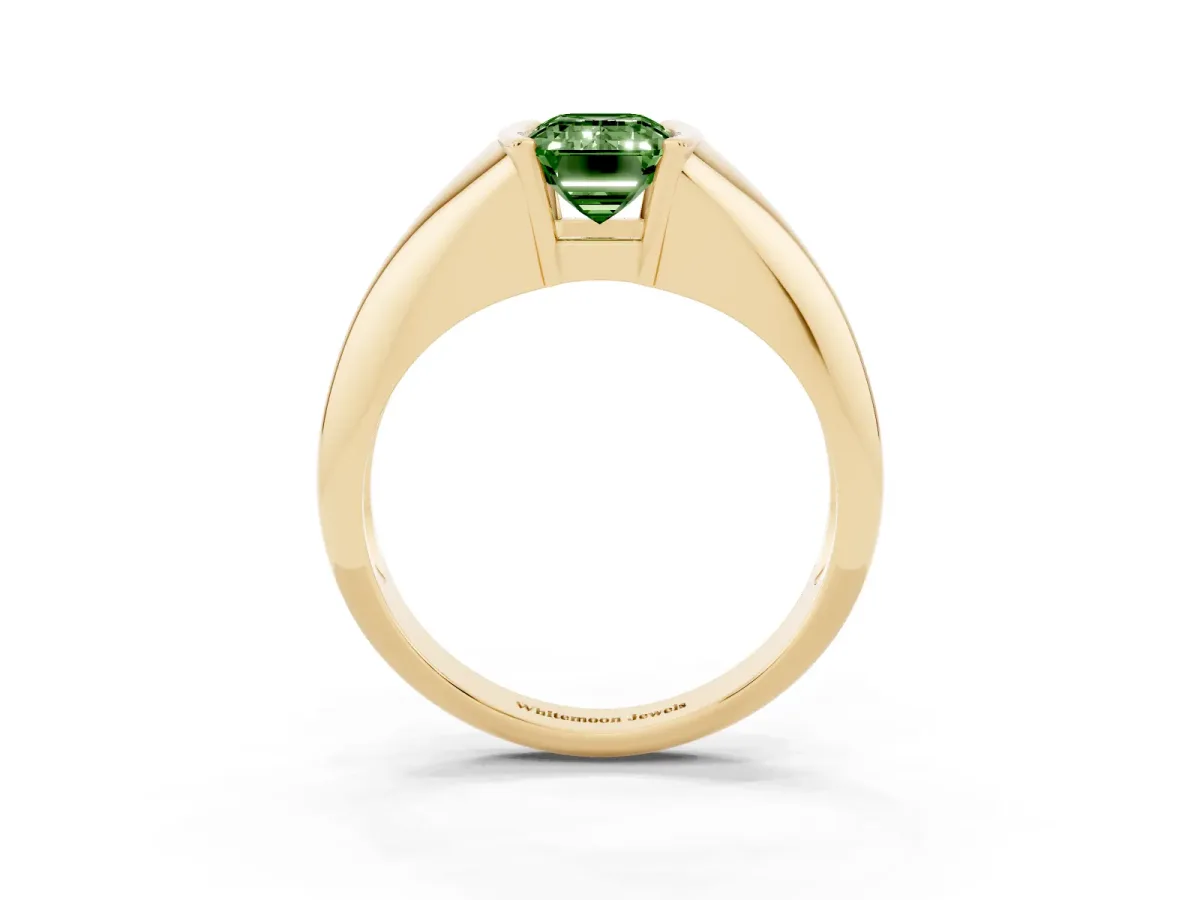 Fancy Green Emerald Cut Solitaire Tension Set Diamond Ring Yellow gold