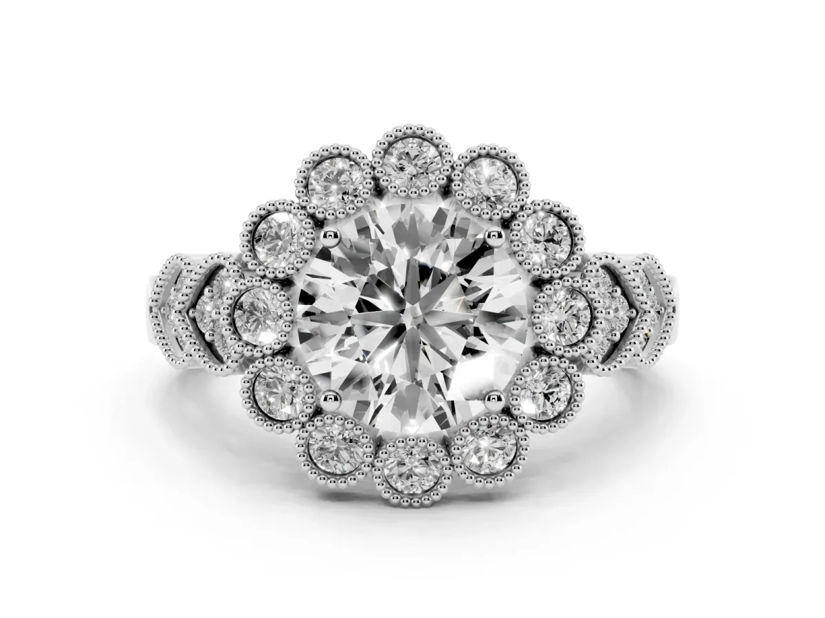 Round Cut Brilliant Milgrain Pave Heart Band Solitaire Ring Silver