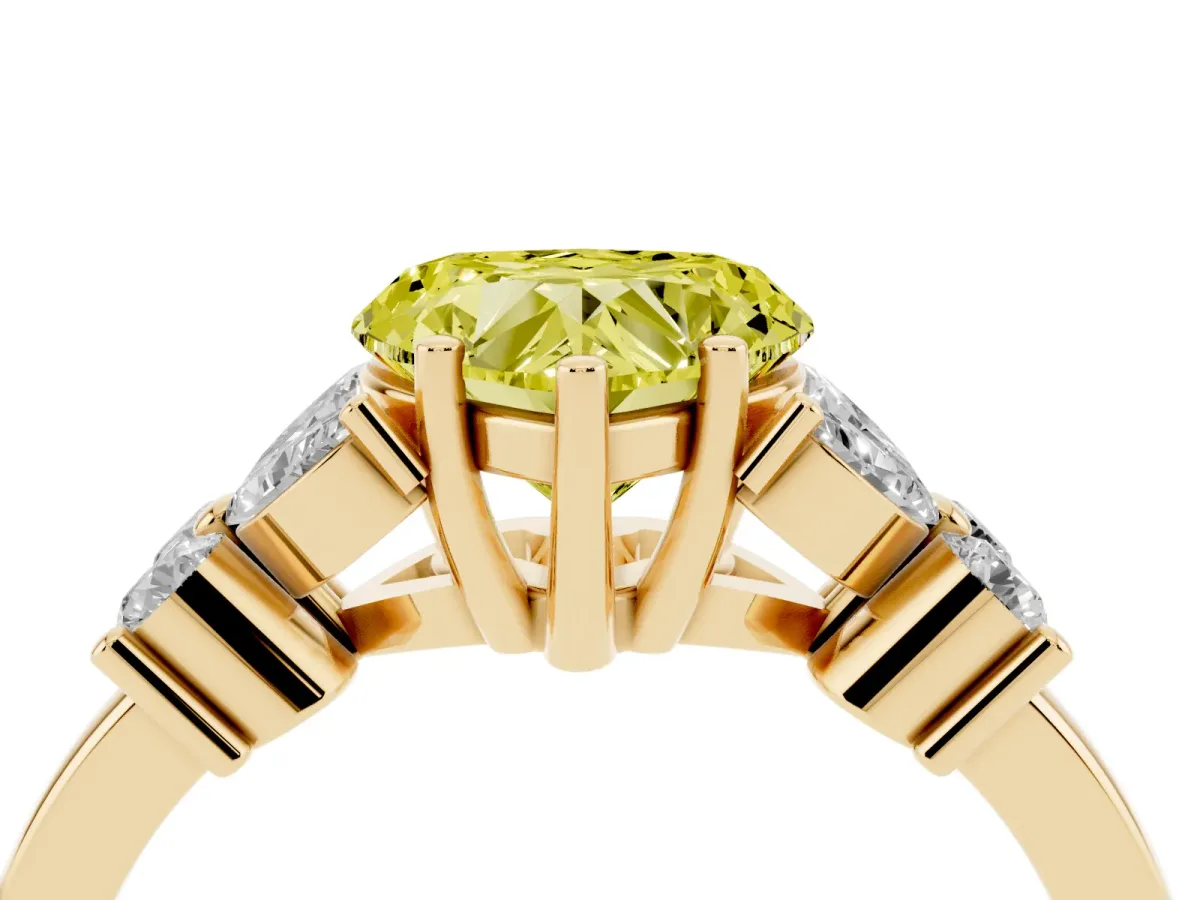 Fancy Yellow Heart Cut Diamond Floral Cluster Ring with Solitaire Band and Prong Setting Yellow gold