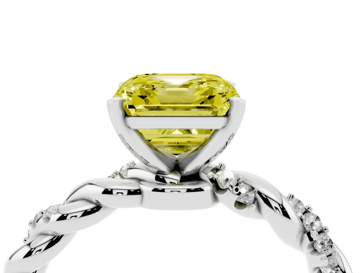 Fancy Yellow Asscher Cut Diamond Solitaire Ring with Twisted Band and Pavé Accents Platinum