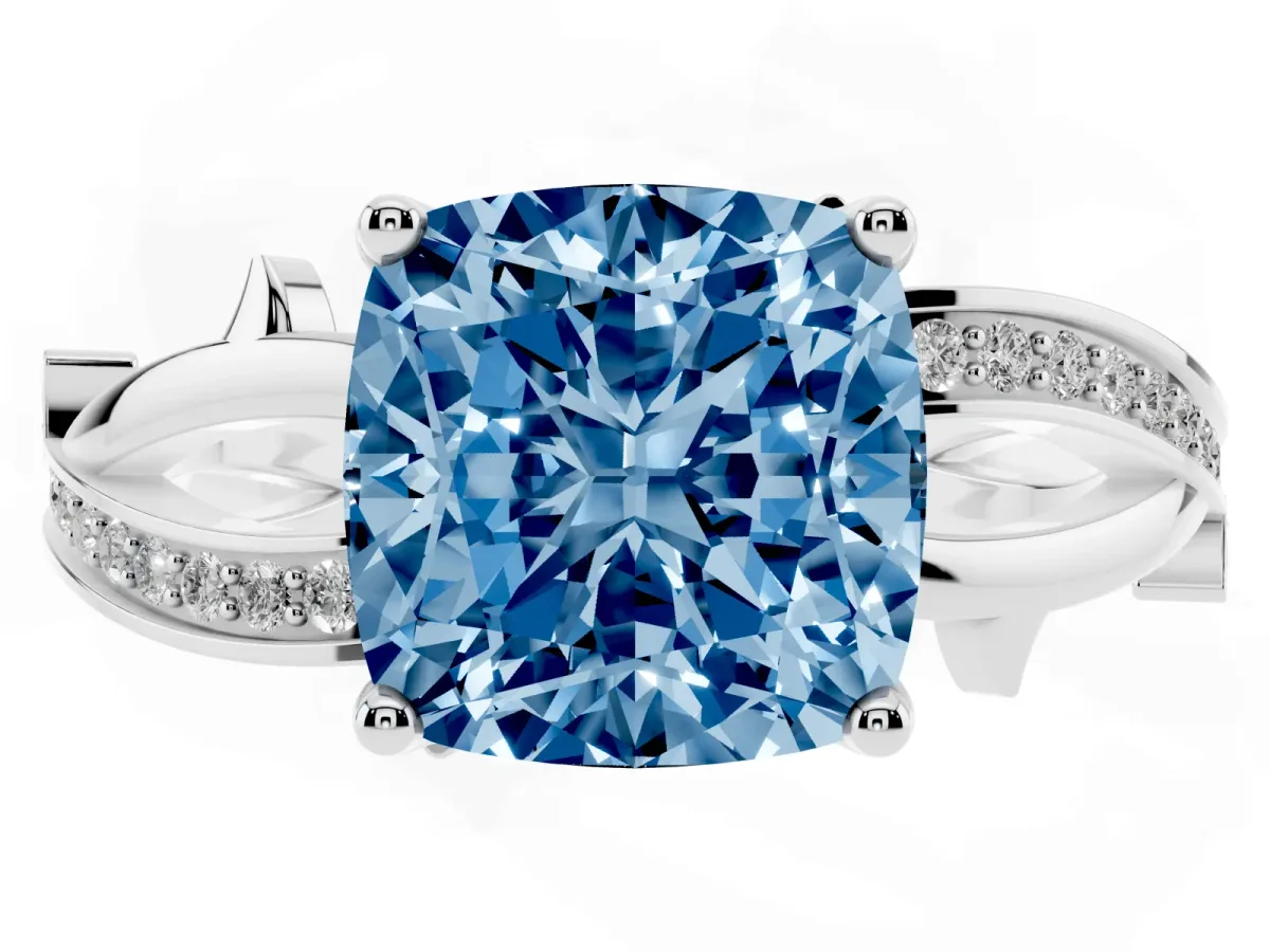 Fancy Blue Cushion Cut Solitaire Twist Band with Pavé Accents and Four-Prong Setting Silver