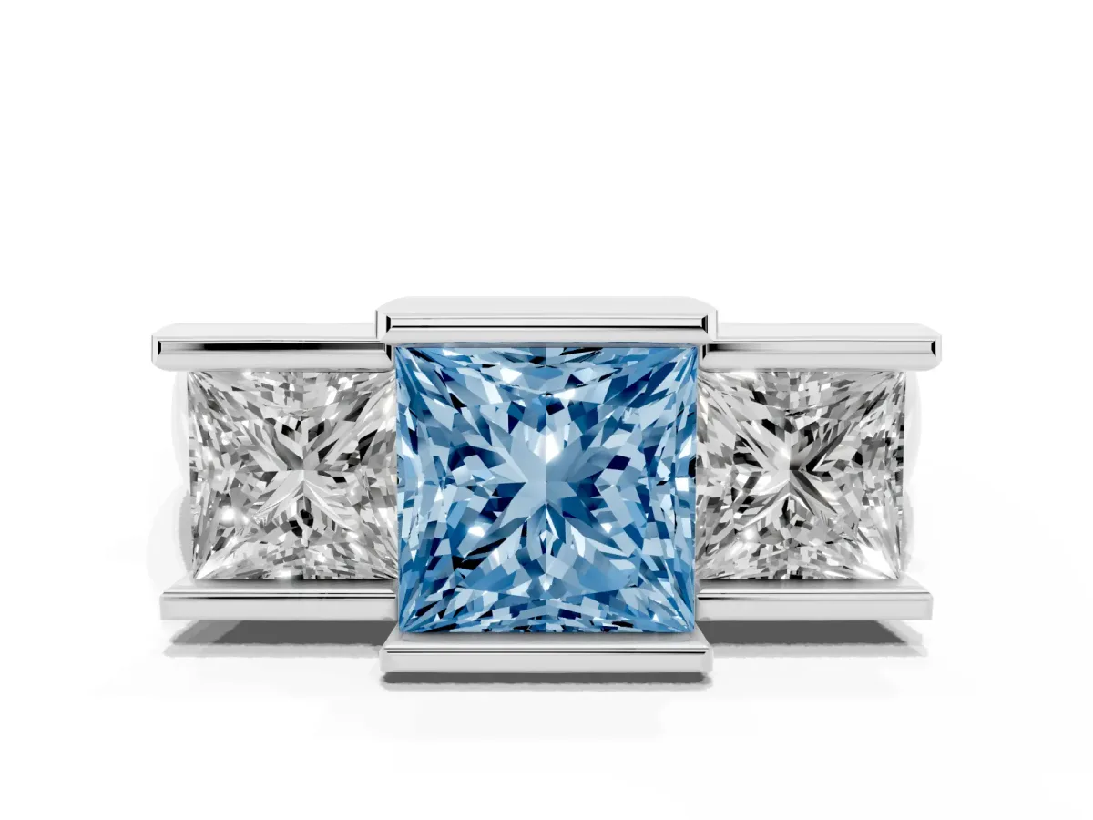 Fancy Blue Three Stone Princess Cut Cut Channel Set Diamond Ring Silver