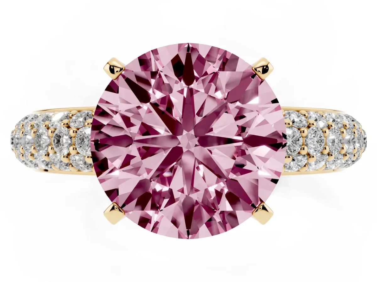 Fancy Pink Round Cut Diamond Solitaire Ring with Prong Setting and Pavé Band Yellow gold
