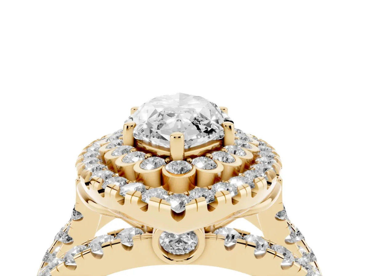 Marquise Cut Diamond Double Halo Ring with Round Pavé Split Shank and Prong Setting Yellow gold