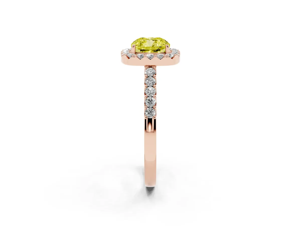 Fancy Yellow Cushion Cut Halo Diamond Pavé Solitaire Ring Rose gold