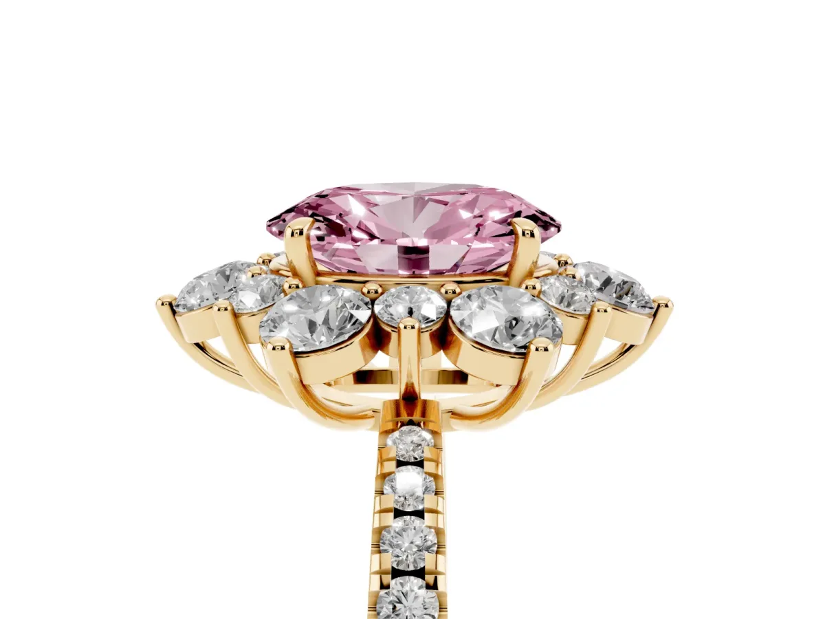 Fancy Pink Oval Cut Diamond Floral Halo Ring with Round Pavé Band and Prong Setting Yellow gold