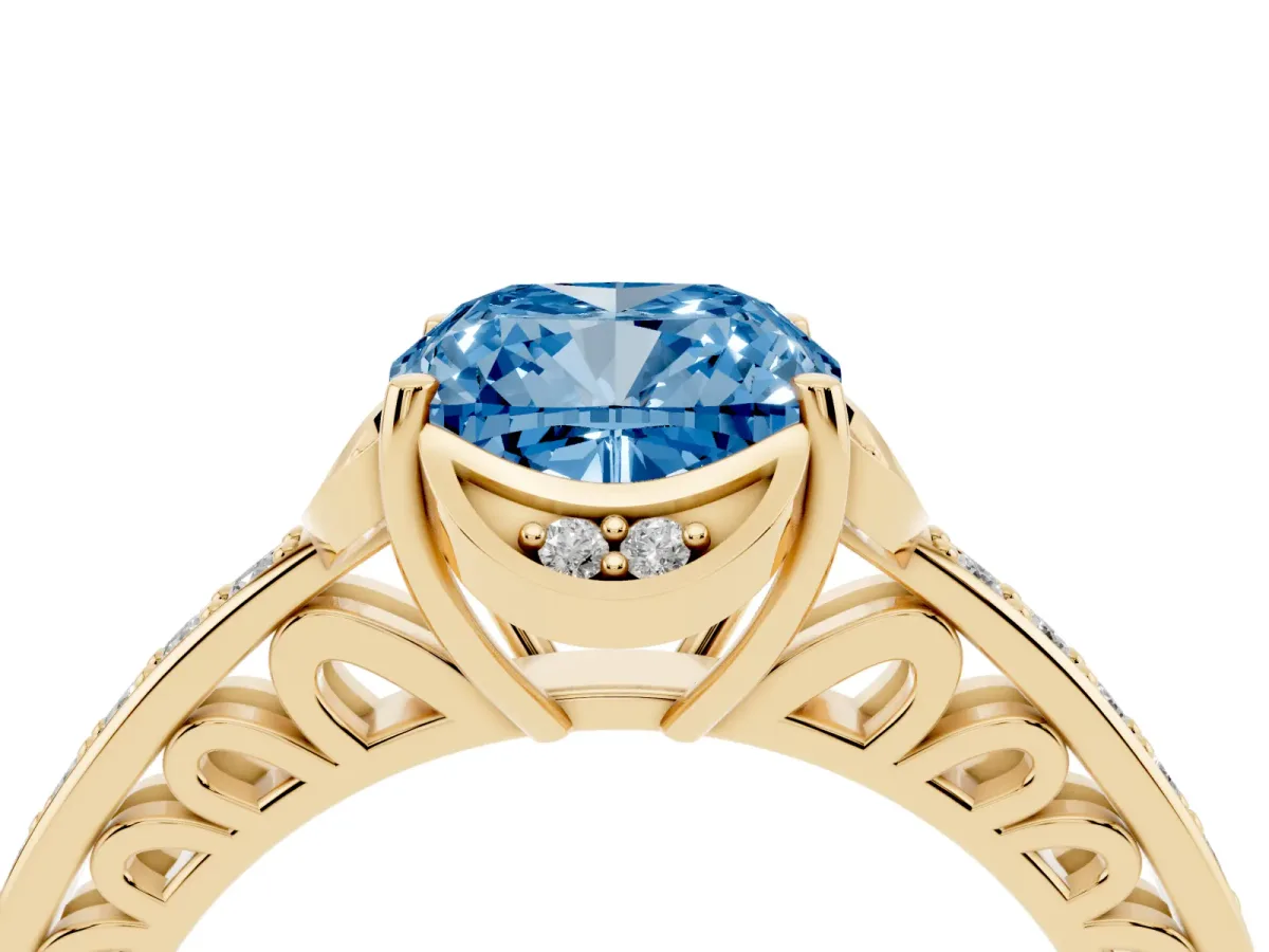 Fancy Blue Cushion Cut Cut Halo Diamond Ring with Channel Set Band and Four-Prong Setting Yellow gold