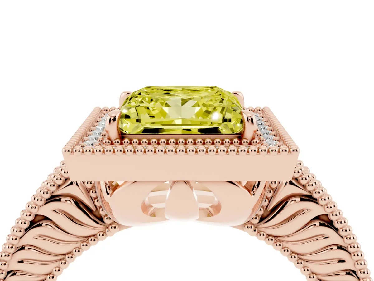 Fancy Yellow Princess Cut Cut Halo Diamond Ring with Pavé Band and Four-Prong Setting Rose gold