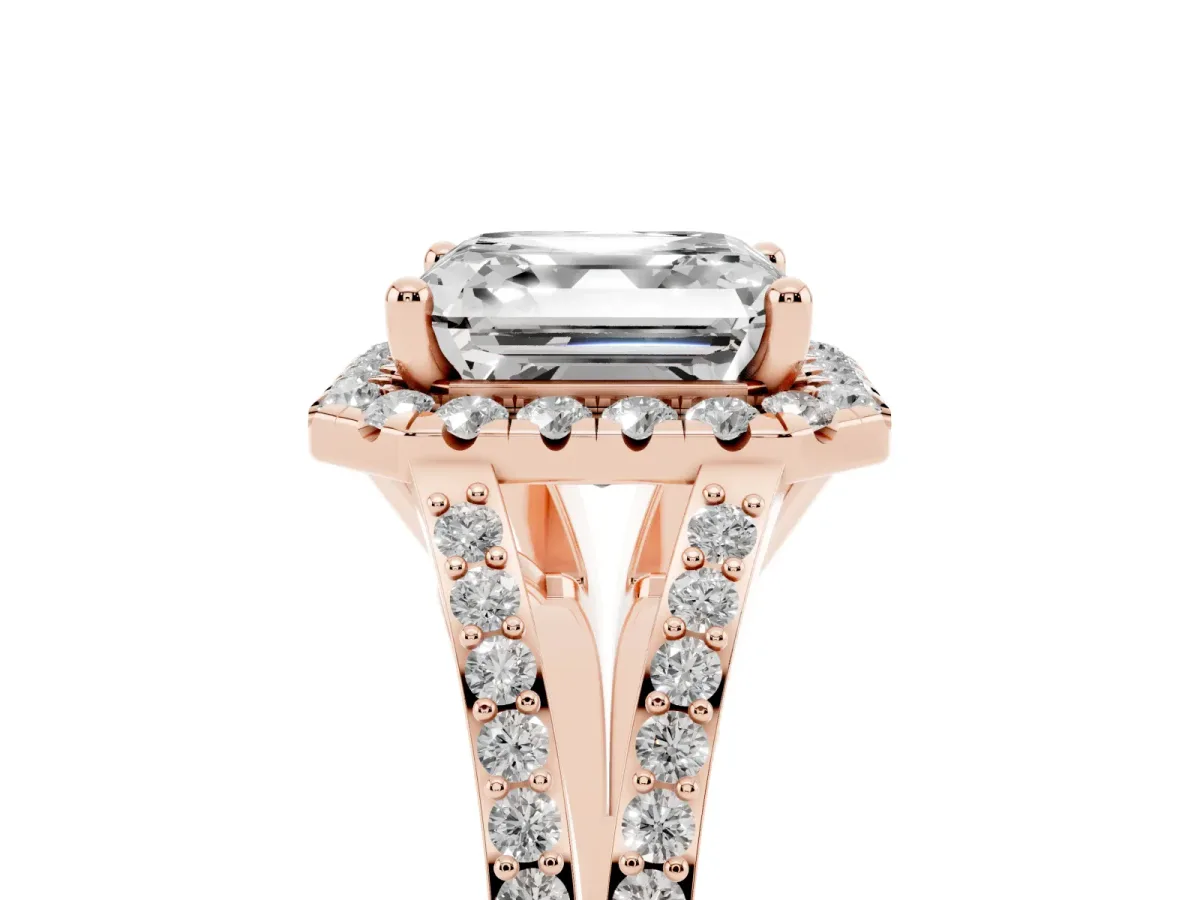 Asscher Cut Halo Split Shank Diamond Ring with Prong Setting Rose gold