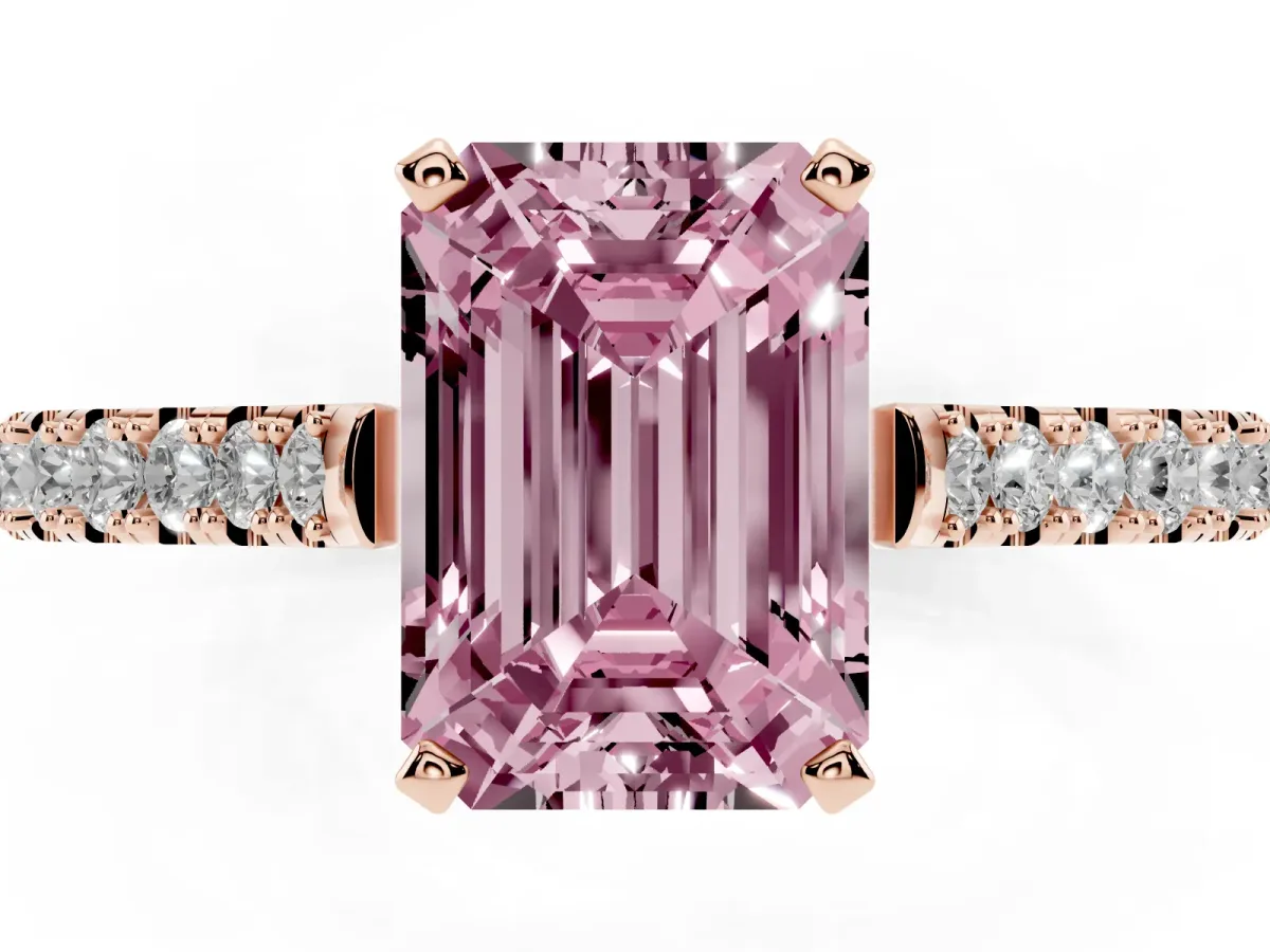 Fancy Pink Emerald Cut Cut Solitaire Diamond Engagement Ring with Pave Band and Four-Prong Setting Rose gold