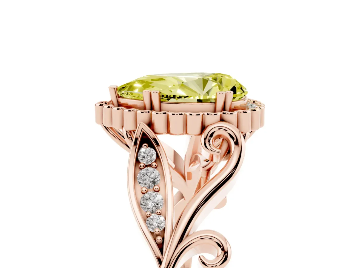 Fancy Yellow Pear Cut Diamond Halo Ring with Vintage Split Shank and Four-Prong Setting Rose gold